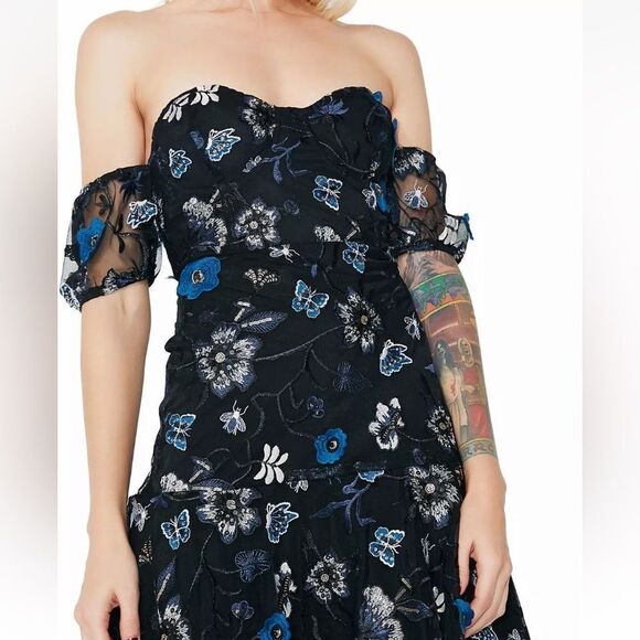 For Love & Lemons Botanic Mini Black Dress Butterfly Embroidered Size M - Picture 9 of 17